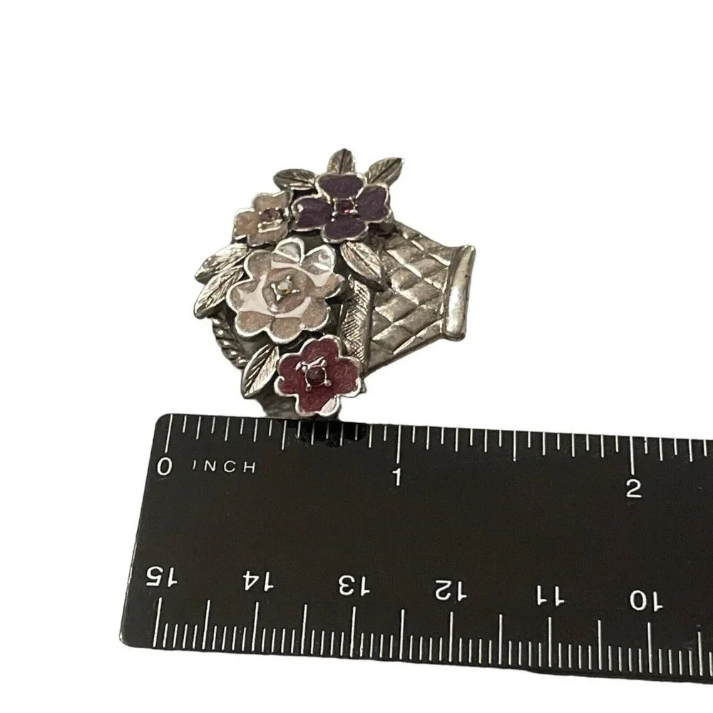Liz Claiborne Shimmer Enamel Flower Basket Brooch w/‎ AB Rhinestones Silver Tone